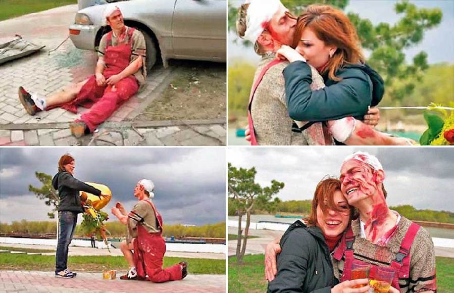 俄罗斯男子假装被车撞死满身“鲜血”向女友求婚