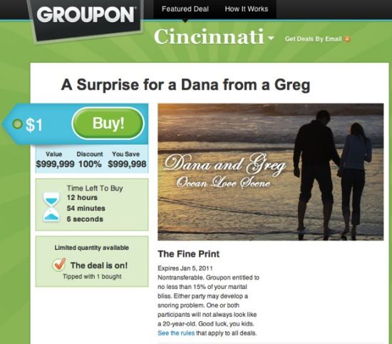 美国男子在团购网站Groupon上求婚